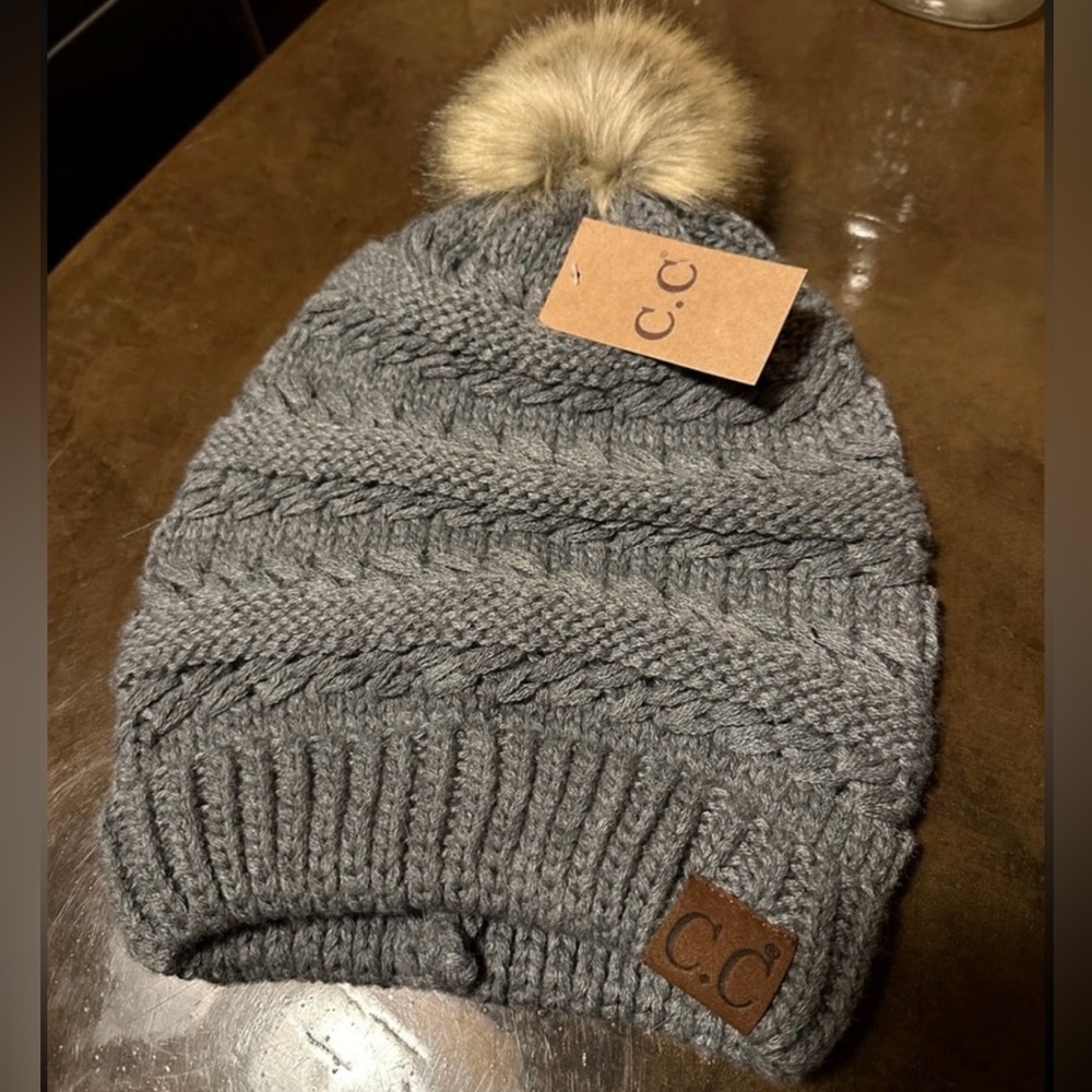 C.C Gray Knit Beanie with Brown Pom BNWT